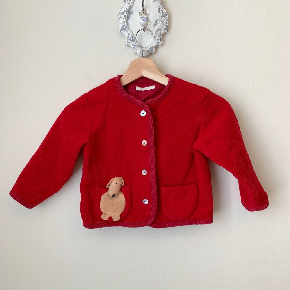 Kids Red Button-Front Jacket with Puppy Applique